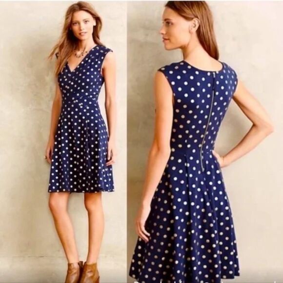 Anthropologie Maeve Dress XS Blue Gold Polka Dots Faux Wrap Fit & Flare Pockets - Picture 1 of 16